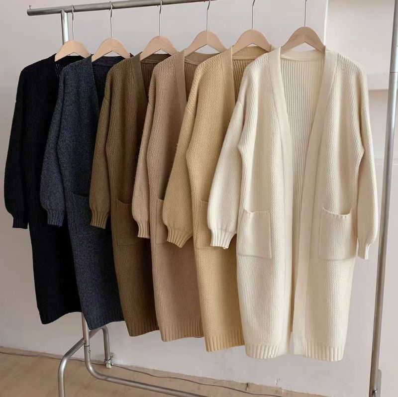 Oversized-Cardigan – Weicher, offener Pullover aus Acrylmischgewebe mit Taschen (Beige/Khaki/Senfgelb/Olivgrün/Anthrazit/Schwarz, Einheitsgröße)_voghion.com