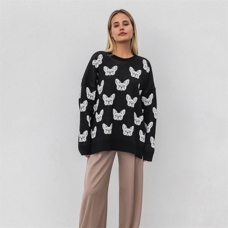 Suéter de cuello redondo con jacquard y cabeza de perro para mujer, nuevo estilo de otoño e invierno, estilo perezoso, suéter holgado, chaqueta_voghion.com