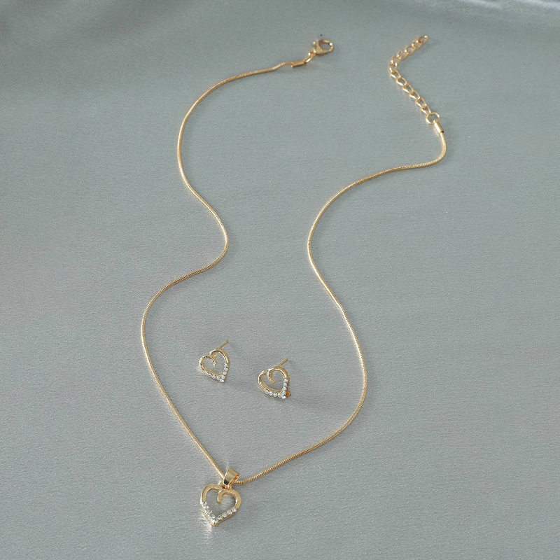 2 PCs Love Necklace Earring Set Minimalist Metal Zircon Peach Heart Sweater Chain _voghion.com