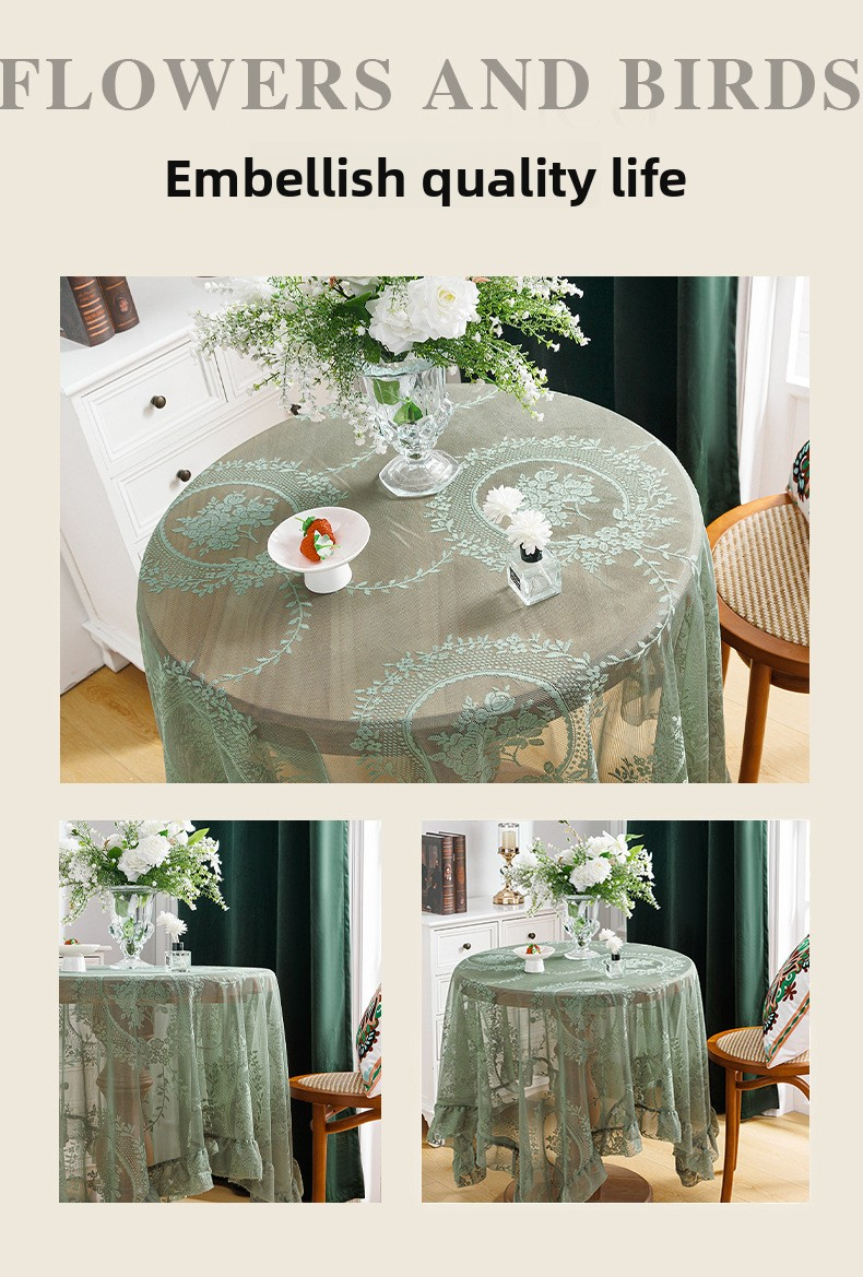Klasyczny europejski obrus koronkowy – antypoślizgowy, odporny na ciepło, elegancki na okrągłe i prostokątne stoły – wystrój w stylu rustykalnym, vintage, kawiarnianym_voghion.com