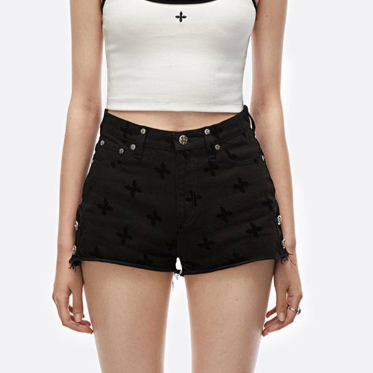 Short en jean taille haute à fleurs croisées peintes à la main, style vintage, en coton vieilli, pour femme, streetwear, mode_voghion.com