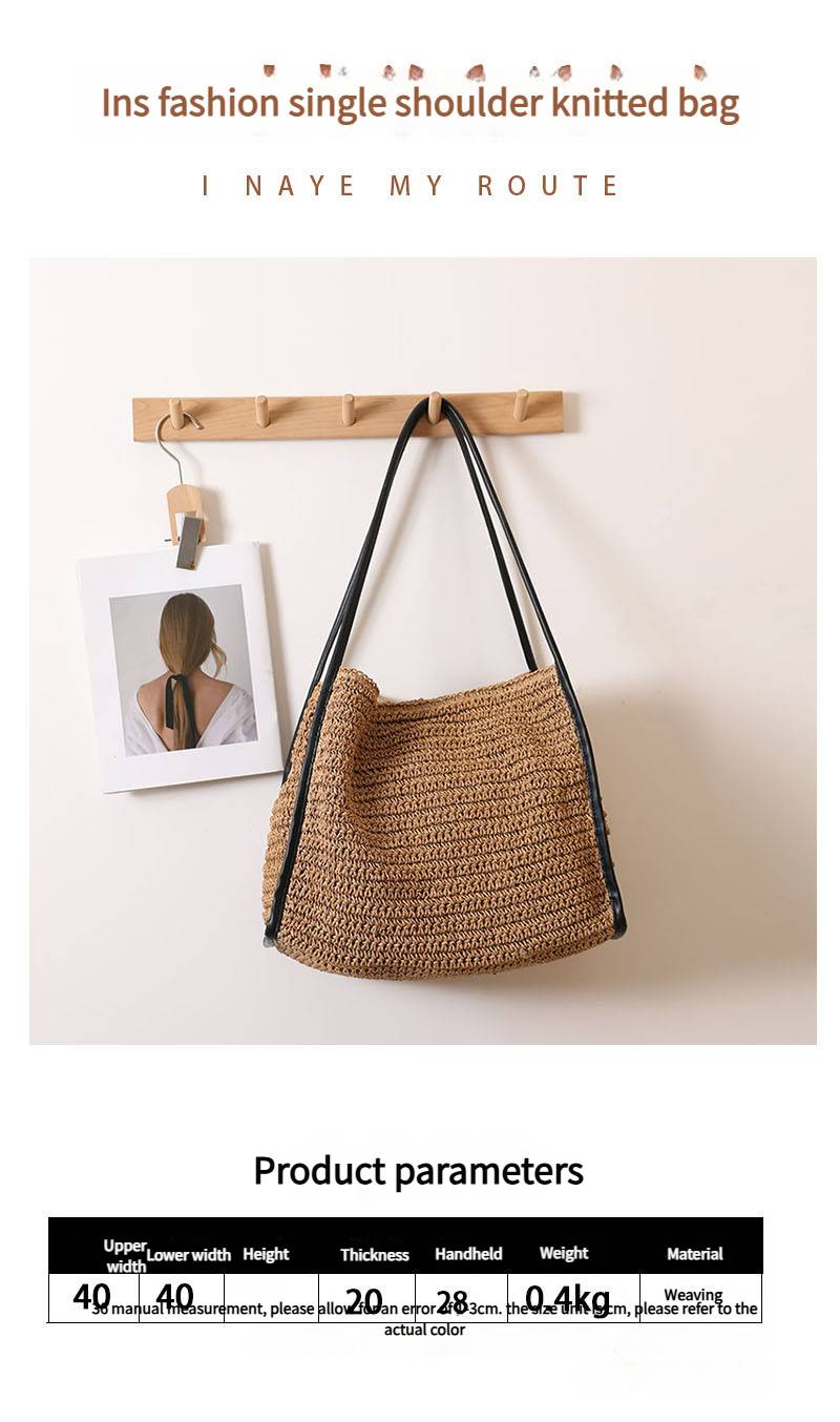 Strohtasche mit großer Kapazität, Strandtasche für Damen im Urlaub, modische einzelne Schultertasche_voghion.com