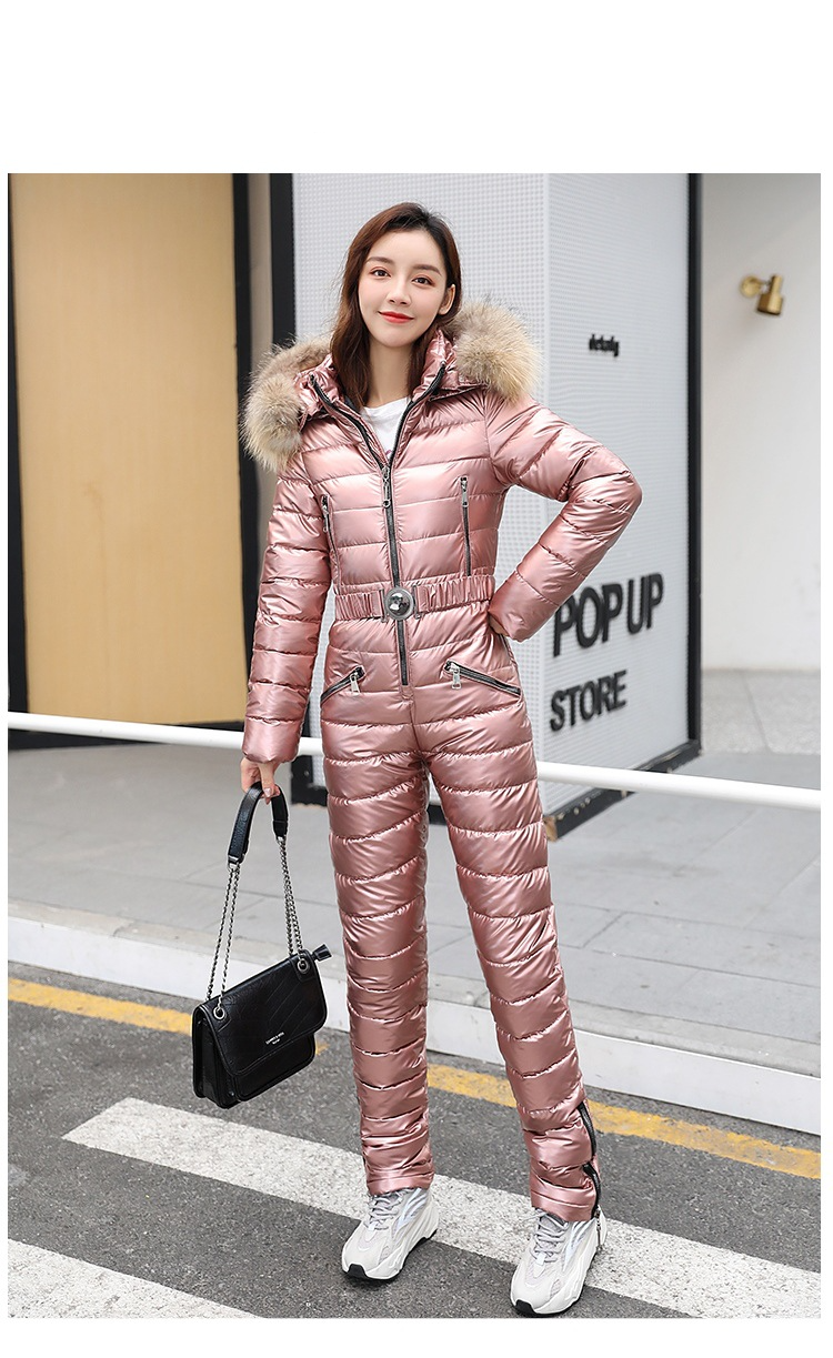 Women's Clothing Women's Silver Ski Suit With Natural Raccoon Fur Hood – Warm Winter One-Piece Puffer Coat For Snow Sports (M-2XL)_voghion.com