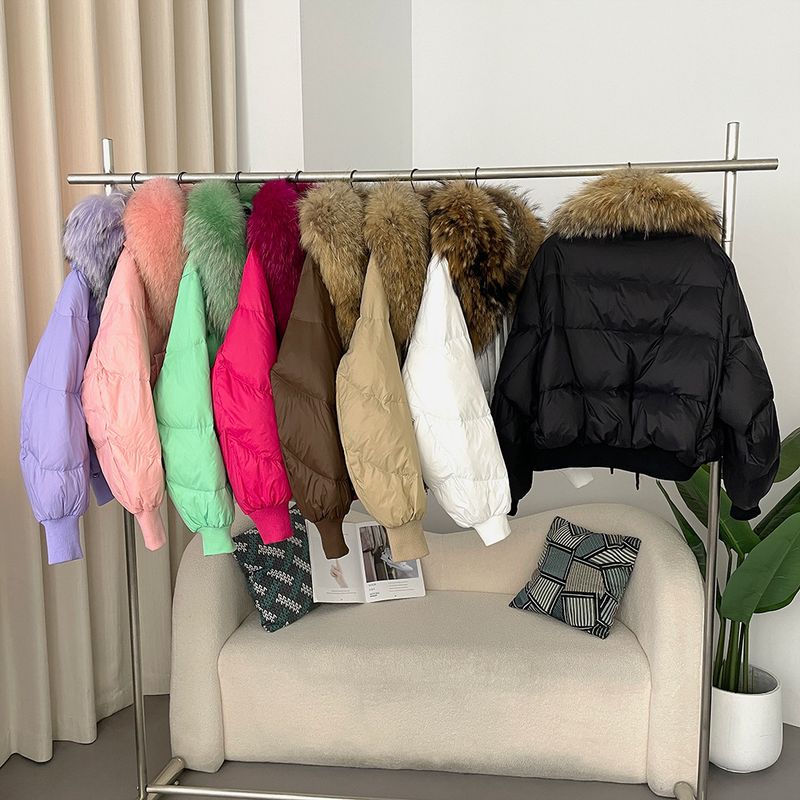 Women's Clothing Ready to stock detachable oversized raccoon fur collar winter women's short thickened white duck Warm jacket jacket flat coat coat_voghion.com