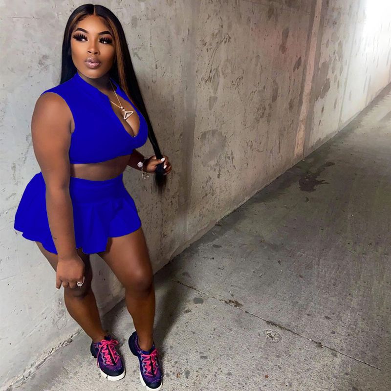 Damenmode lässig sexy einfarbig plissierte Taille schlanke Weste Culottes Sport zweiteiliges Set_voghion.com