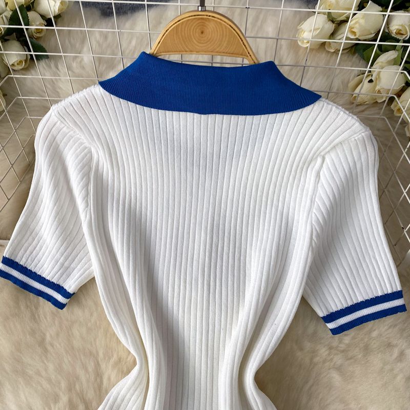 Naisten vaatteet Pure Desire Hot Girl Style Kontrasti Väri Polo Kaulus Lyhythihainen Paita Top + Korkea vyötärö ohut laskostettu hame Kaksiosainen kesä_voghion.com