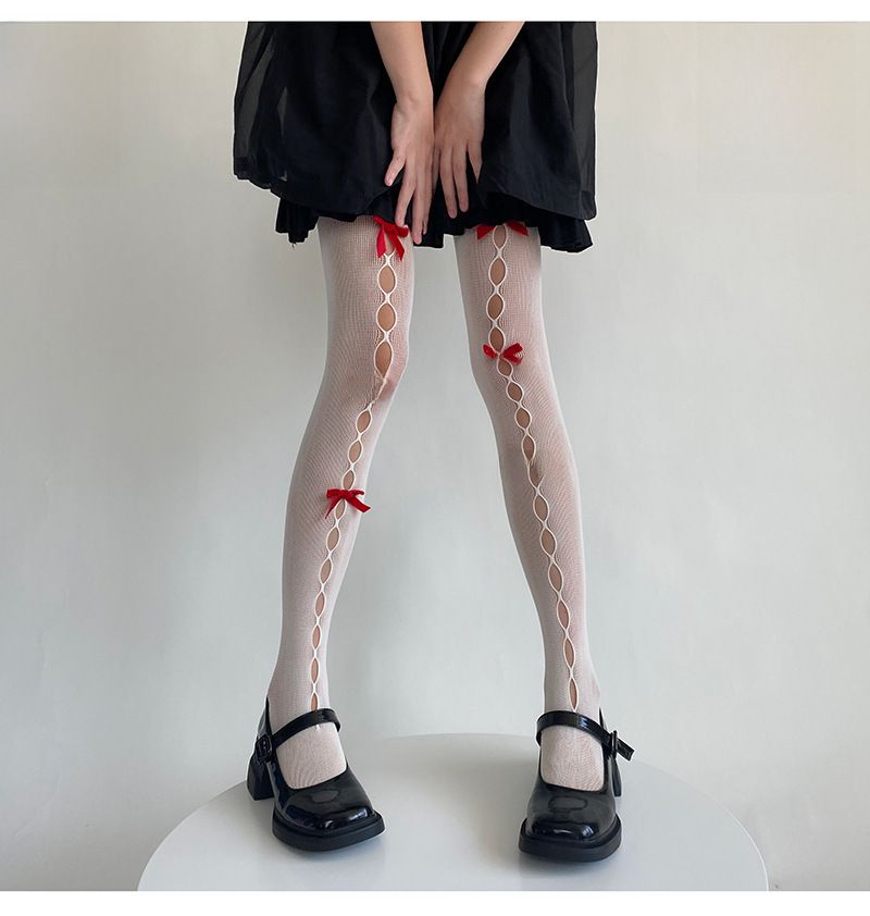 Japansk stil söt flicka rutig sammet handgjord rosett ihåliga hål strumpbyxor vita strumpbyxor_voghion.com