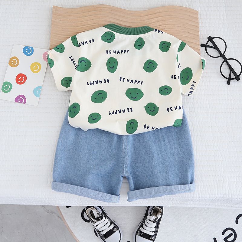 Sommarkostym 2024 Nya Moderiktiga Spädbarns- och Småbarnskläder Pojkar Heltryck Leende Ansikte Kortärmad Två_voghion.com
