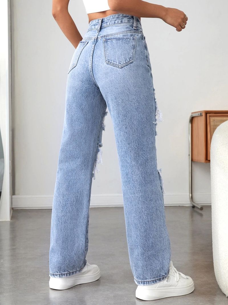 Kadın Giyim Cepli Yırtık Günlük Kot Geniş Paça Pantolon_voghion.com