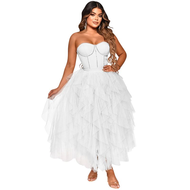 Îmbrăcăminte pentru femei, culoare solidă, fierbinte, cu diamant, tub, top, pufos, plasă, rochie, îmbrăcăminte pentru femei_voghion.com