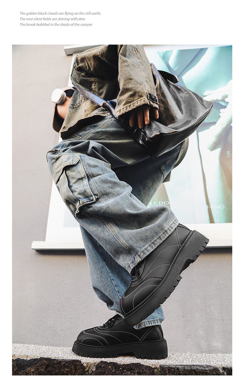 Men's Black Casual Derby Shoes With Round Toe & Thick Sole For Height Increase – Stylish & Comfortable Low-Top Shoes_voghion.com