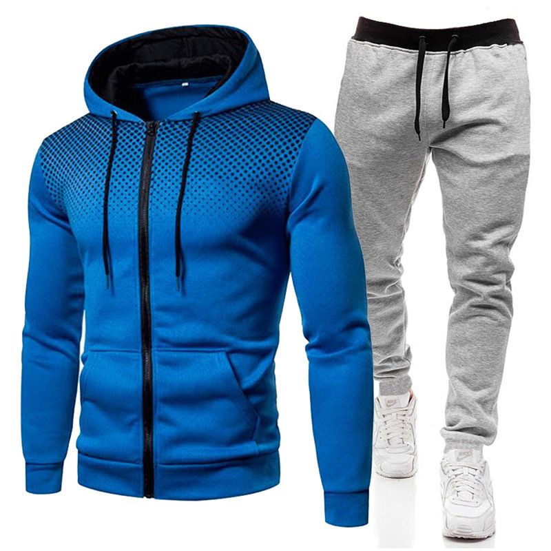 Autumn Winter Fleece Polka Unisex Sports Hoodie Dot Men Solid Color Zipper Sweatshirt Sweatpants Set_voghion.com
