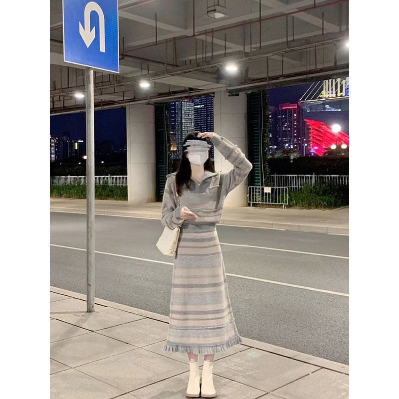 Ensemble deux pièces pour femme coréenne automne et hiver, haut taille haute, long, doux et collant, demi-jupe tricotée, gris et rose_voghion.com