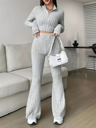 Fashion Solid Color Ribbed Two Piece Set Zipper Long Sleeve Crop Top And High Waist Flared Pants Set Women's Casual_voghion.com