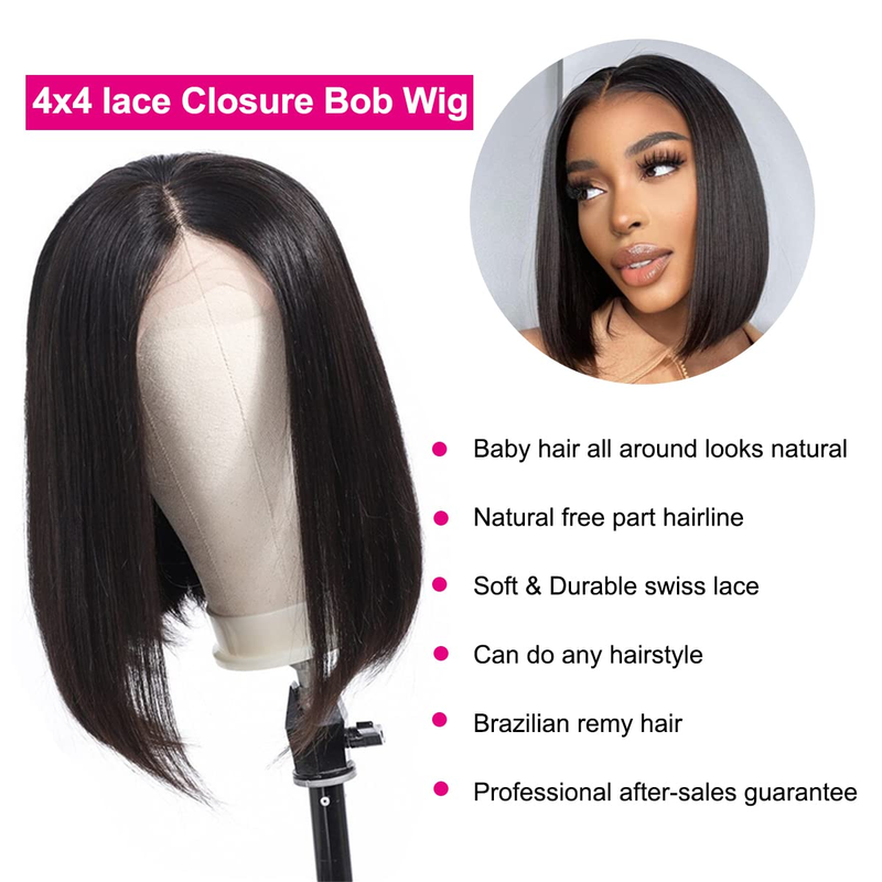 Koronkowa opaska na głowę z ludzkich włosów 4*4, 100% ludzkich włosów, gładkie i proste włosy, bez splątania, krótki bob odpowiedni do noszenia na co dzień przez kobiety_voghion.com