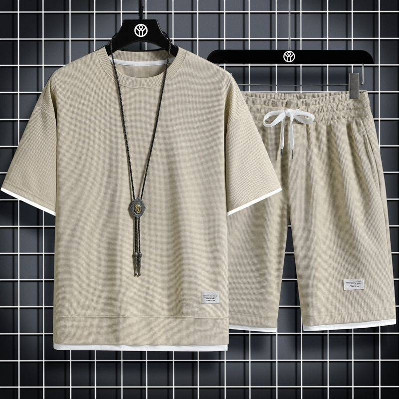 Męska odzież Waffle Sports Leisure Suit Męskie luźne dwuczęściowe spodenki z krótkim rękawem_voghion.com