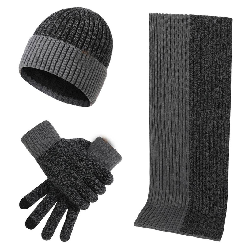 Autunno e inverno Nuovo europeo e americano Cappello lavorato a maglia Set Cappello lavorato a maglia color block Sciarpa ispessita Guanto Set 3 pezzi_voghion.com
