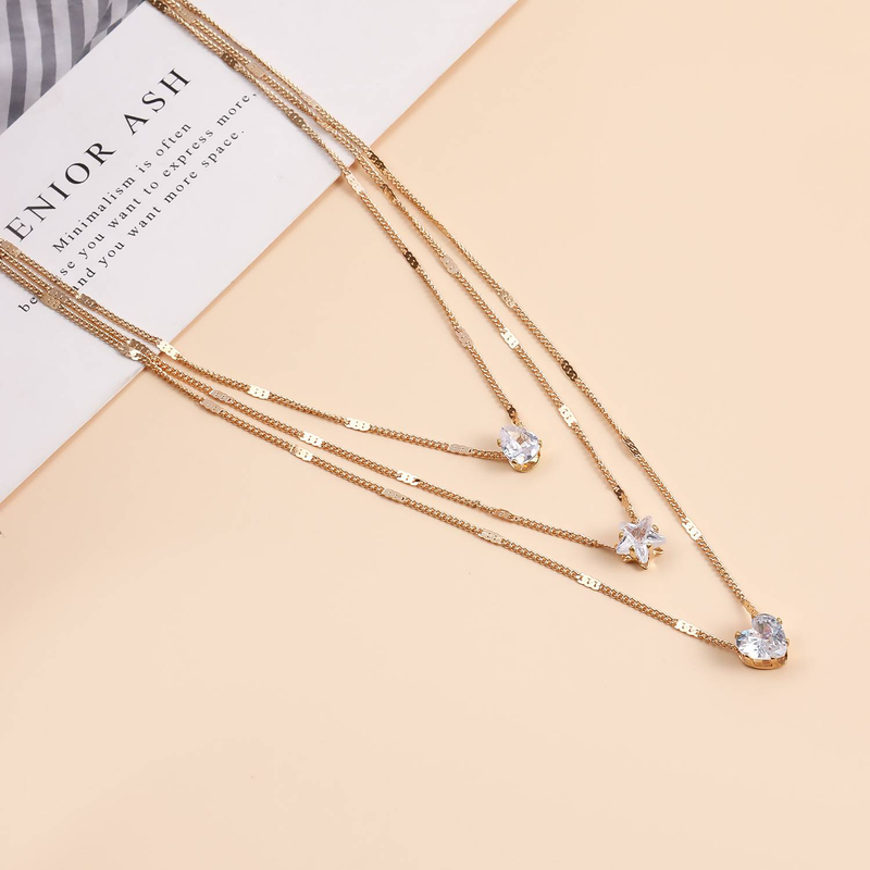 Women‘s Jewelry Multi Layer Five Pointed Star Heart Pear Zircon Pendant Necklace_voghion.com