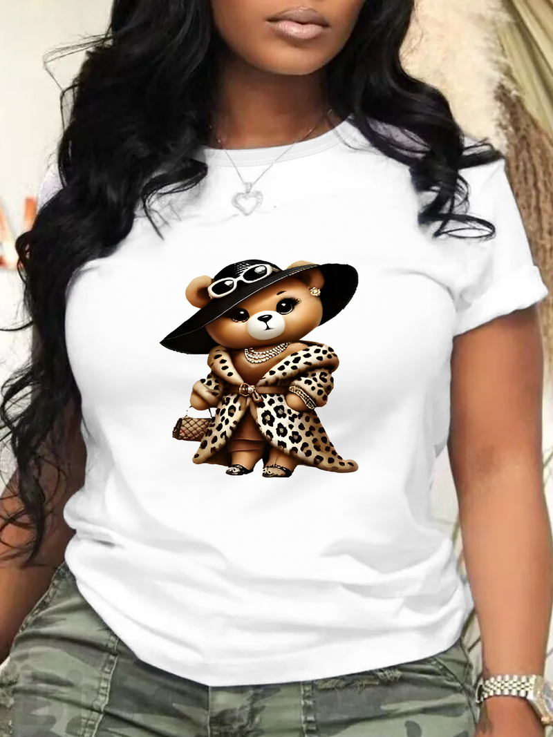 Plus Size Fashion Women's Short Sleeve Leopard Print Bear Young Woman Pattern T-Shirt Loose Comfortable Casual Crew Neck T-Shirt_voghion.com