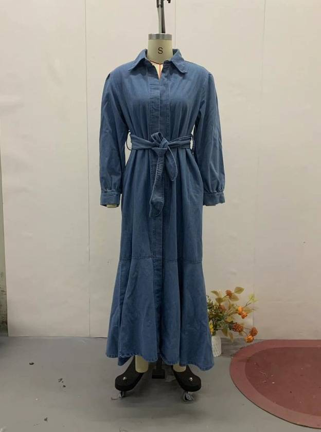 Women's Solid Color Zippered Waist Muslim Denim Dress_voghion.com