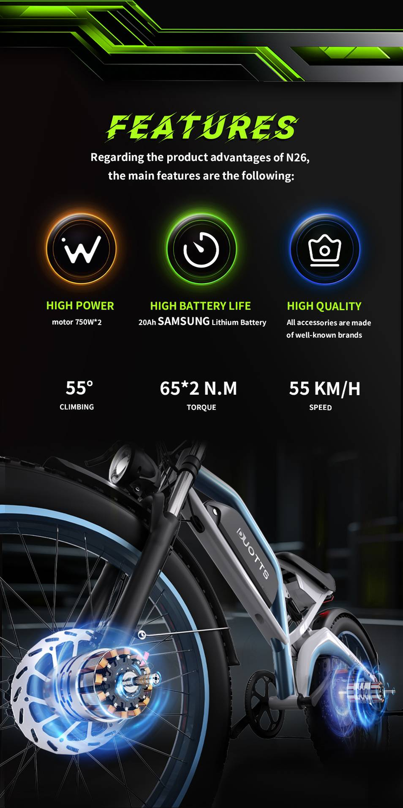 DUOTTS N26 2024 E-Bike mit abnehmbarem 48V20Ah Samsung Akku | 120km Reichweite | 180kg Nutzlast | Hydraulische Bremsen & IP65 | CE-zertifiziert für die EU_voghion.com