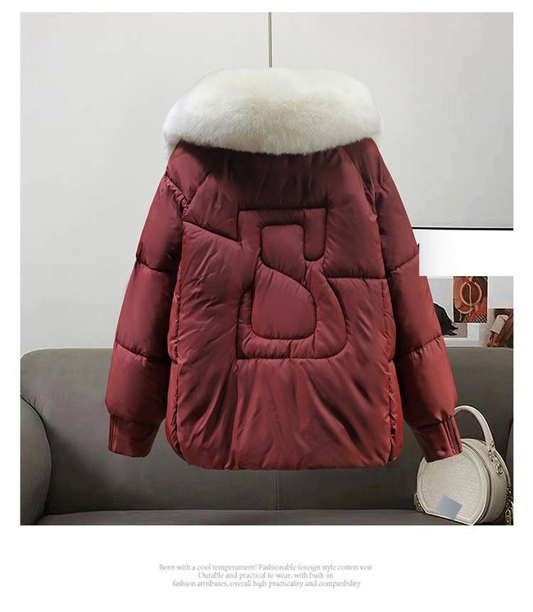 Women's Winter Puffer Jacket With Detachable Rabbit Fur Hood - Fashionable Quilted Coat, Oversized Fit, Short Length, Polyester Shell_voghion.com