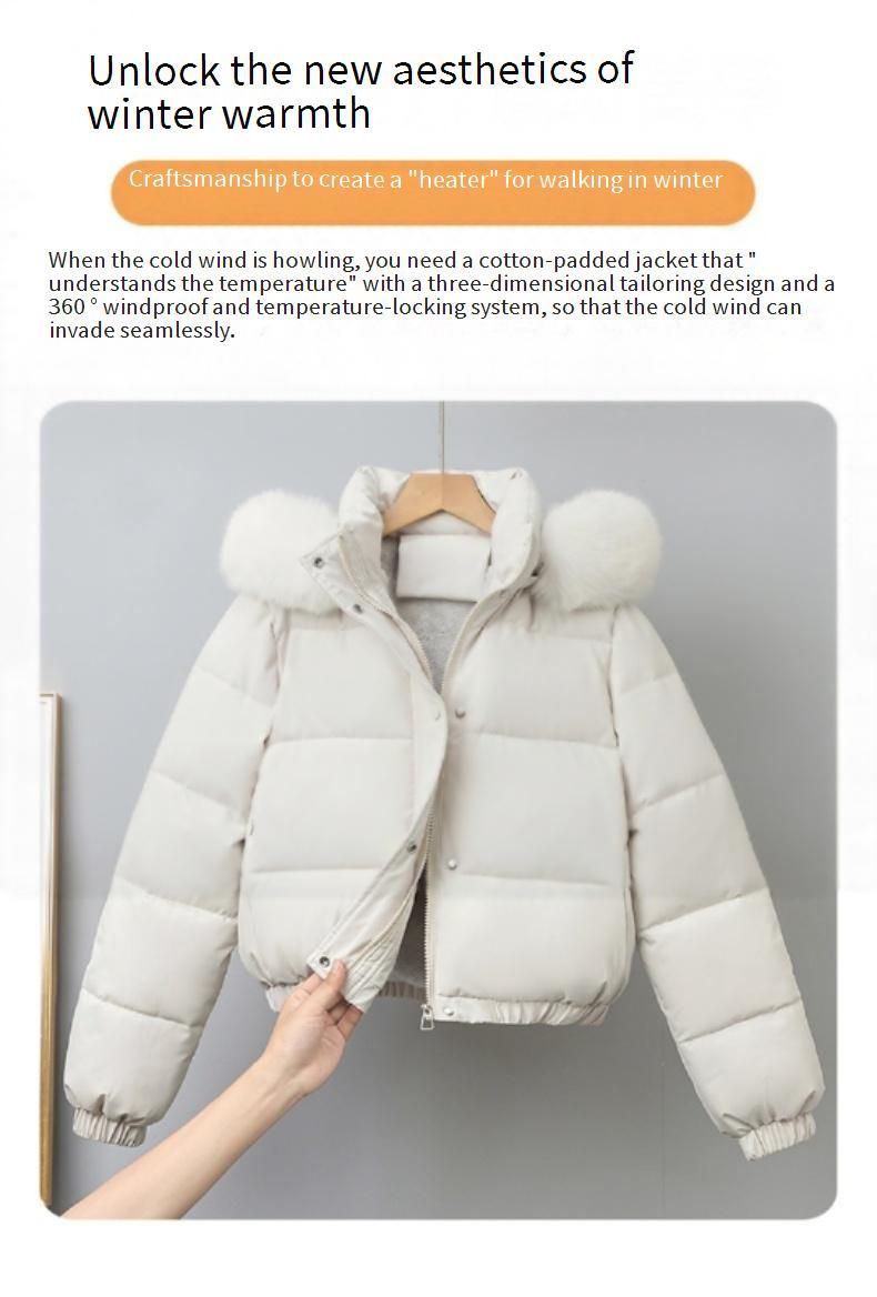 Gewatteerde winterjas met imitatiebontafwerking – korte gewatteerde jas voor dames (zwart/bruin/blauwgrijs/kaki/wit, M-XXXL)_voghion.com