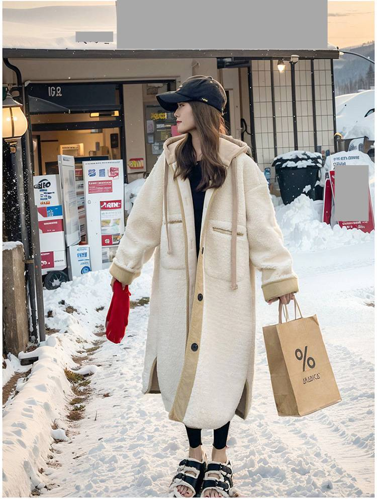 Women's Oversized Faux Shearling Hooded Coat – Long Plush Fleece Jacket For Winter, Beige Relaxed Outerwear With Pockets_voghion.com