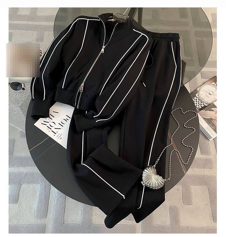 Women's Clothing Solid Color Hem Cut Zipper Hooded Sweatshirt Women's Trendy Brand High Waist Simple Fashion Straight Sweatpants Women's Suit_voghion.com