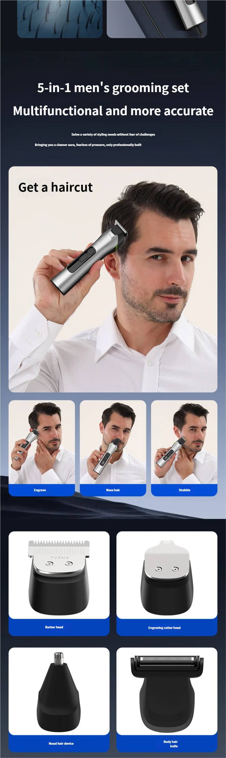 Tagliacapelli elettrico da uomo 5 in 1, tagliacapelli elettrico completamente impermeabile, tagliacapelli per il naso, rasoio e set da barba con luce_voghion.com