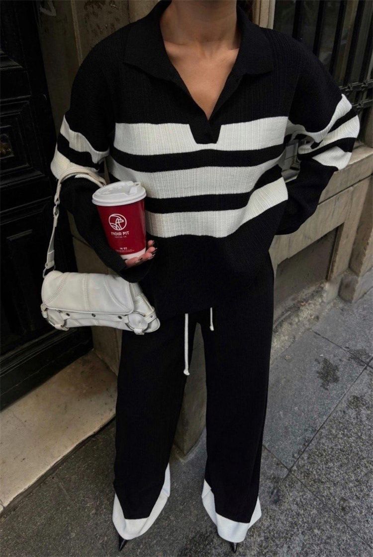 Elegantes zweiteiliges Strickset – Gestreifte Hose mit weitem Bein und Oberteil für Damen, bequemes Freizeitoutfit für Herbst/Winter_voghion.com