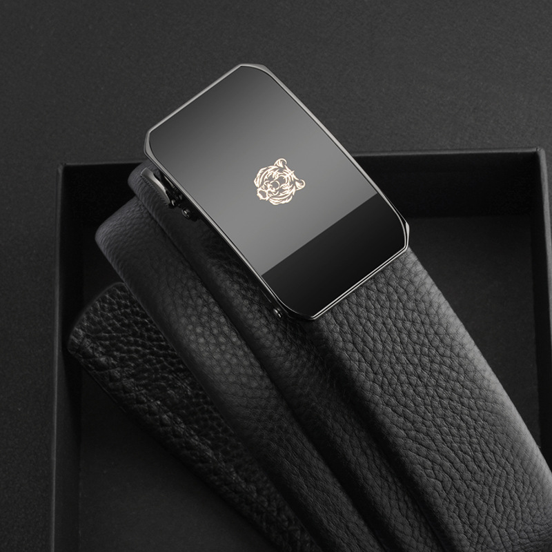 New Men's Leather Belt, Born in The Year of The Tiger, Automatic Buckle for Underwear, Tiger Head Logo, Lychee Pattern Edging Belt_voghion.com