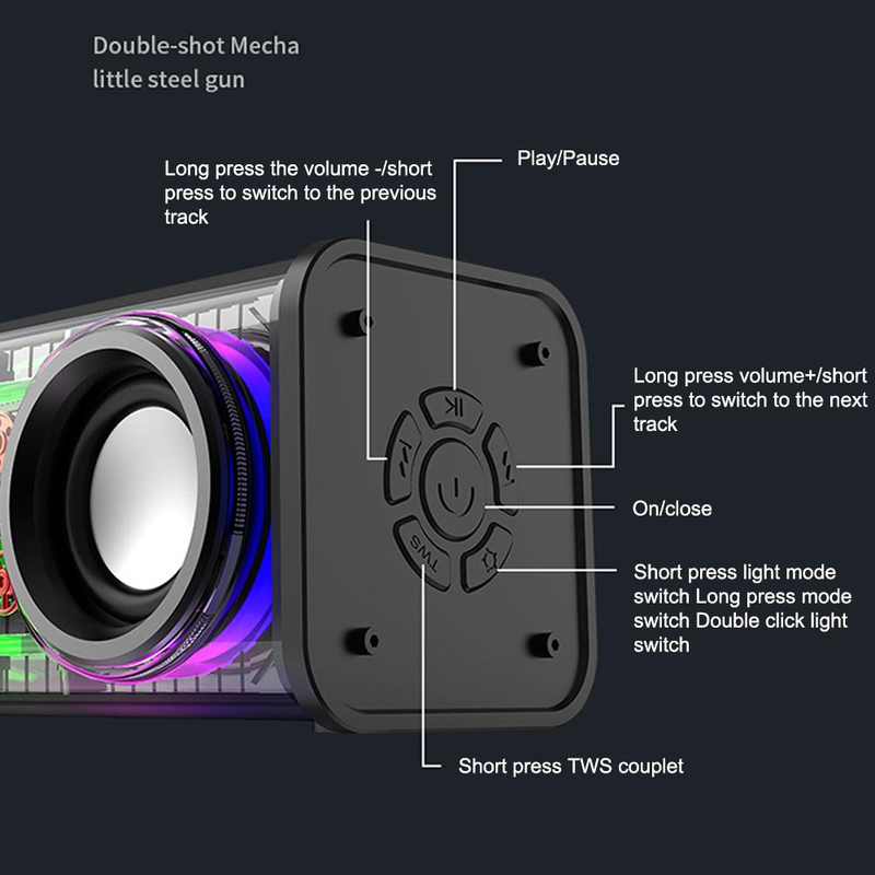 V8 läpinäkyvä Mecha Bluetooth-kaiutin Double Sound RGB Outdoor Sports Kannettava subwoofer Langaton Bluetooth Bass Audio Kaiutin_voghion.com
