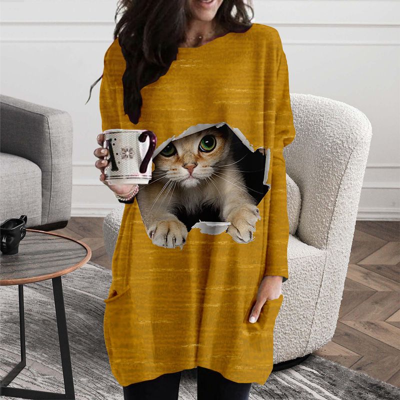 Damenbekleidung, Rundhalsausschnitt, süße Katze, mittelgroß, lockeres Kleid_voghion.com