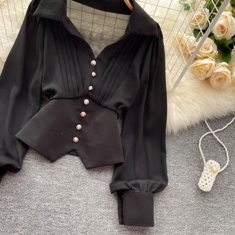 Camicia a maniche lunghe con colletto arricciato, design di nicchia per abbigliamento femminile, top con maniche a sbuffo e orlo irregolare per temperamento femminile_voghion.com