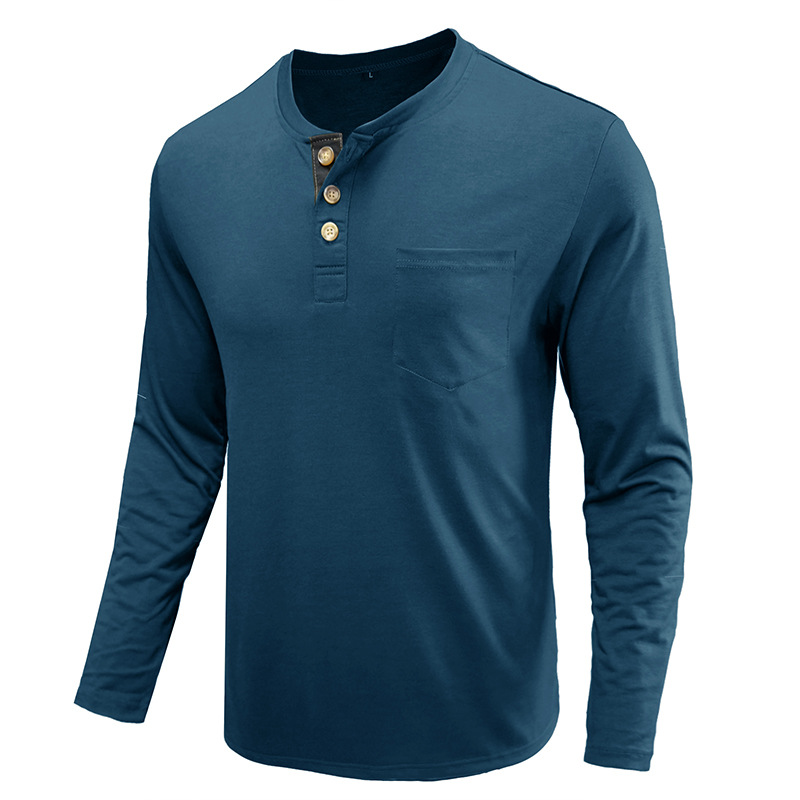 Henley-T-Shirts für Herren mit Knopfleiste, langen Ärmeln und Tasche, entspannte Passform, 100 % schwere Baumwolle_voghion.com
