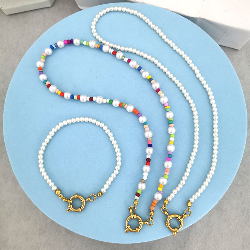 QMHJE Boho Pearl Necklace Women Choker Stainless Steel Clasp Sailor Buckle DIY Base Chain Beach Gold Color_voghion.com