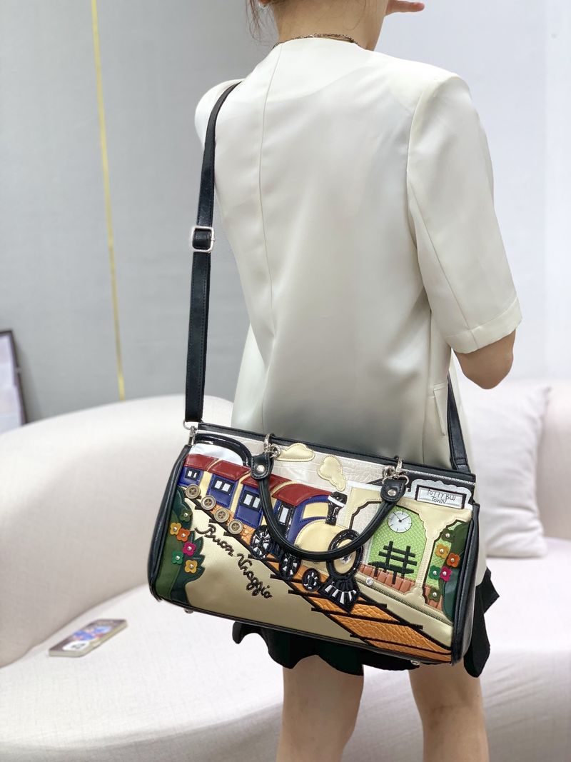 Damentaschen Nähte Kontrastierende Retro-Handtaschen Modische handgemachte kreative Schulter-Umhängetaschen_voghion.com
