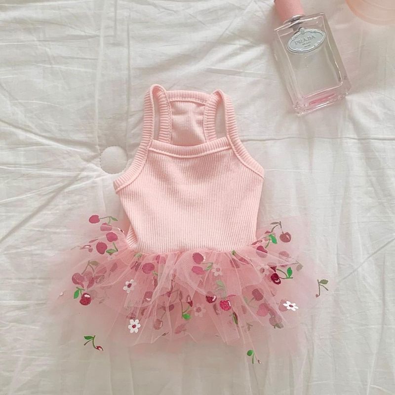 Spring Summer New Dog Puffy Dress Cat Teddy Bichon Yorkshire Pomeranian Jumpsuit Cherry Print Clothes_voghion.com