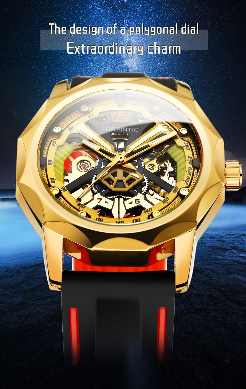 FORSINING Designer Luxury Fashion Steel Skeleton Mechanical Gold Watch For Men Manual Movement Clock Waterproof Silicone Strap_voghion.com