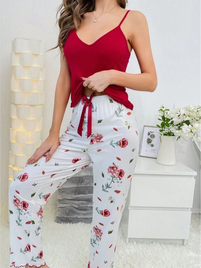 Homewear Ribbed Strap Pajamas For Women, Wearable Long Pants Two-Piece Set_voghion.com