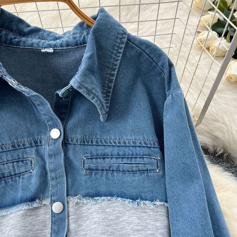 Abbigliamento da donna, abito casual, vita alta, cuciture in denim, pantaloni a gamba larga, abito due pezzi, giacca con risvolto alla moda_voghion.com