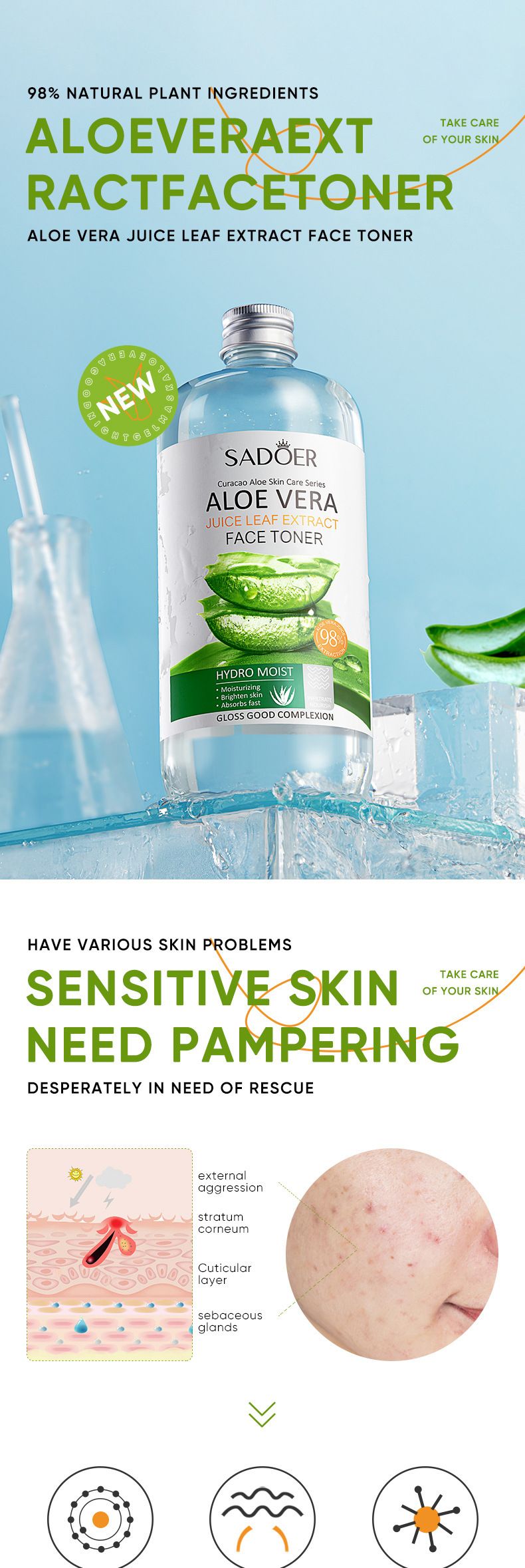 Volles englisches Aloe Vera-Gesichtswasser, 500 ml, SADOER, feuchtigkeitsspendendes Make-up-Wasser mit großer Kapazität_voghion.com