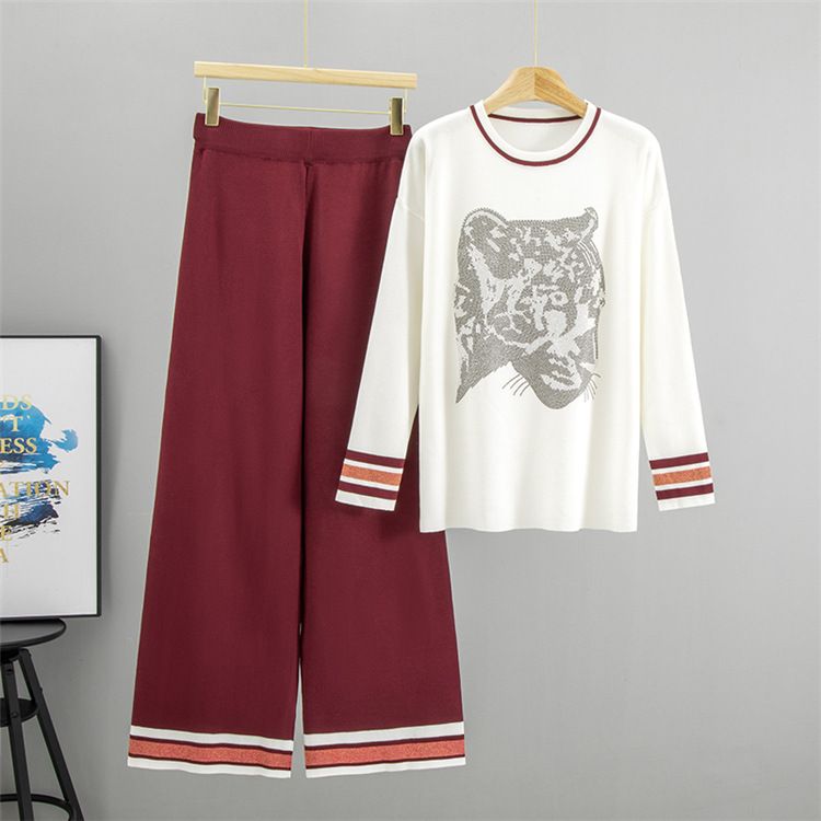 Ensemble en tricot imprimé léopard et strass pour femme : pull et pantalon surdimensionnés, deux pièces_voghion.com