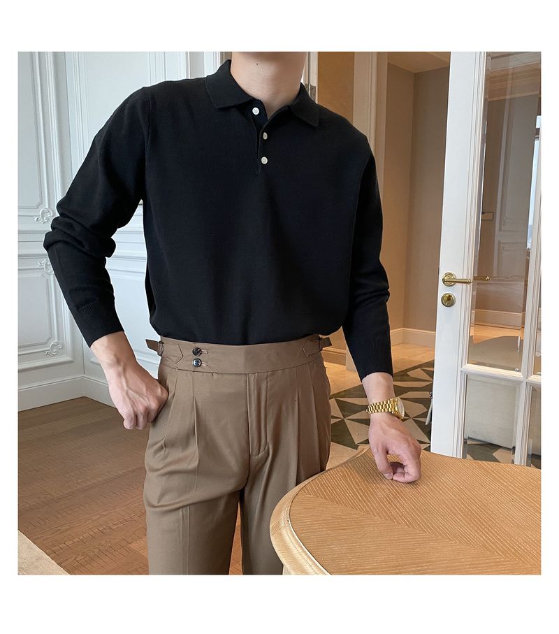 Korean-Style Minimalist Lapel Sweater – Solid Color Crewneck Pullover (Grey/White/Black, M-3XL)_voghion.com