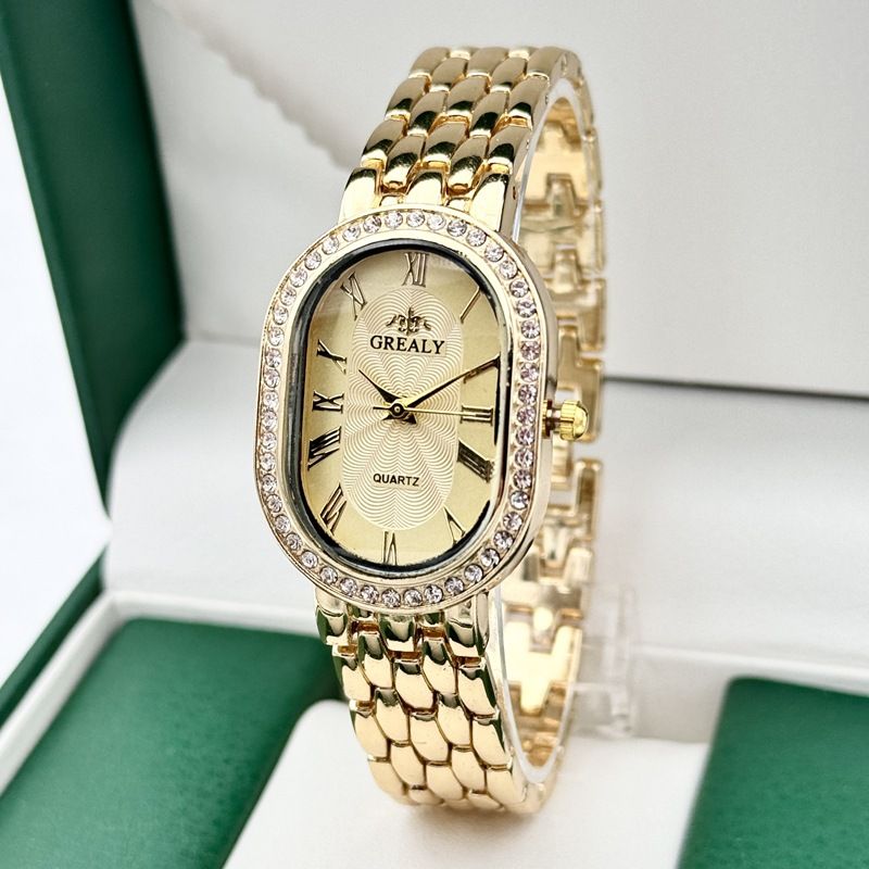 Orologio al quarzo con quadrante ovale romano con intarsi di diamanti, di lusso, alla moda da donna GREALY_voghion.com