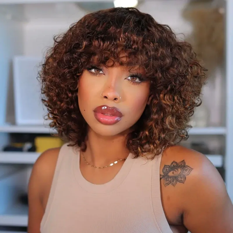 Pelucas de cabello humano de corte bob rizado, corto, de color marrón, con flequillo, estilo Jerry, rizadas, con reflejos, de colores para mujeres_voghion.com