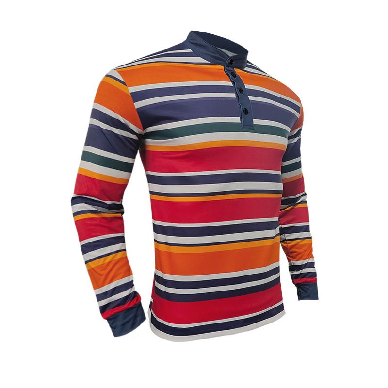 Polo da uomo autunno inverno 2024, a righe colorate, casual, girocollo, ampia, manica lunga, maglietta di base_voghion.com