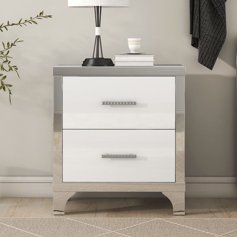 Elegant High Gloss Nightstand With Metal Handle,Mirrored Bedside Table With 2 Drawers For Bedroom,Living Room_voghion.com