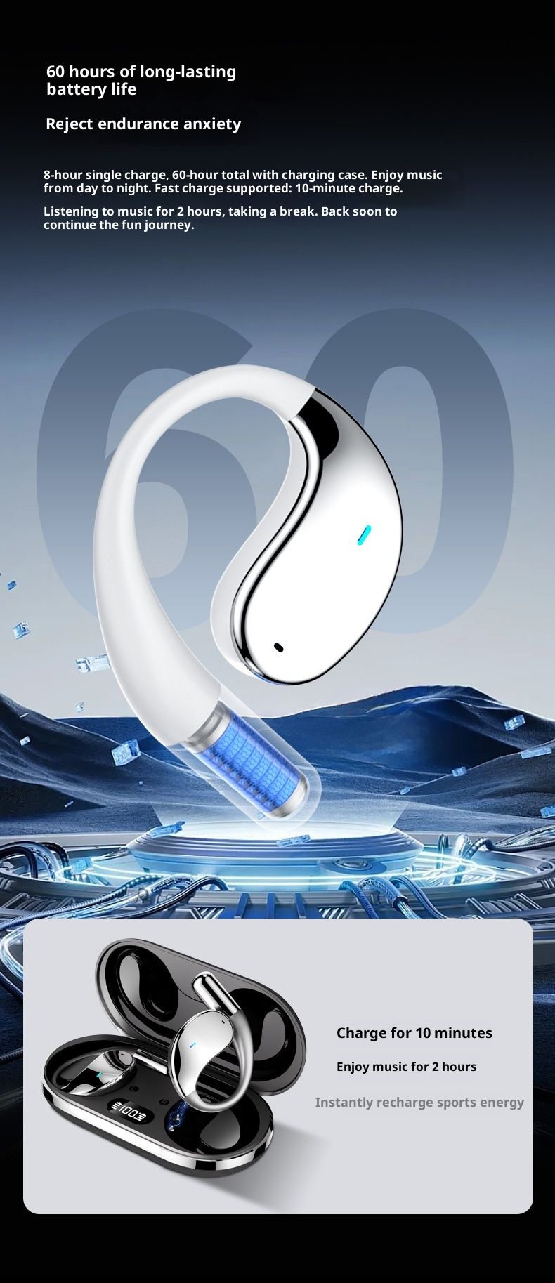 Écouteurs intra-auriculaires NeoGear Bluetooth en promotion 2025 : traduction intelligente par IA, conduction osseuse et crochet d'oreille, pour le sport._voghion.com